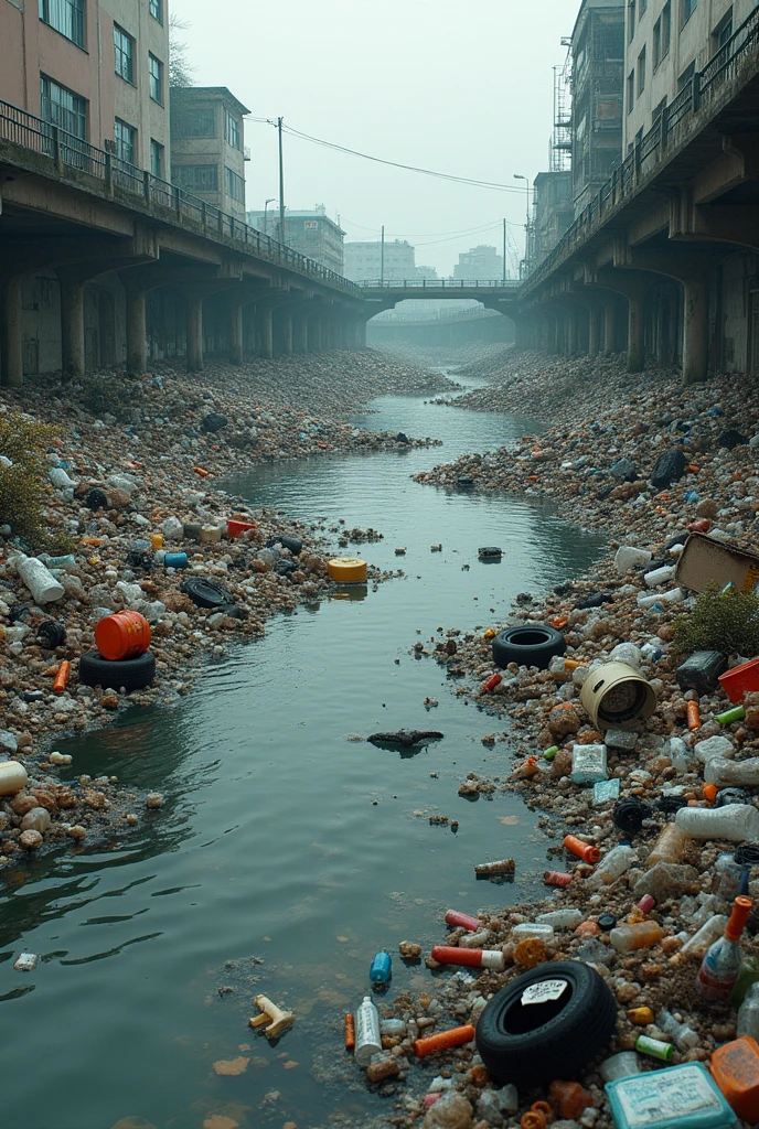 Polluted river with plastic and garbage