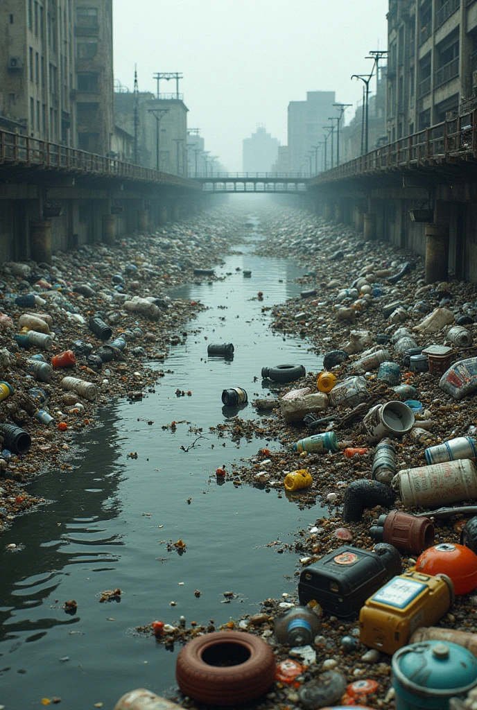 Polluted river with plastic and garbage