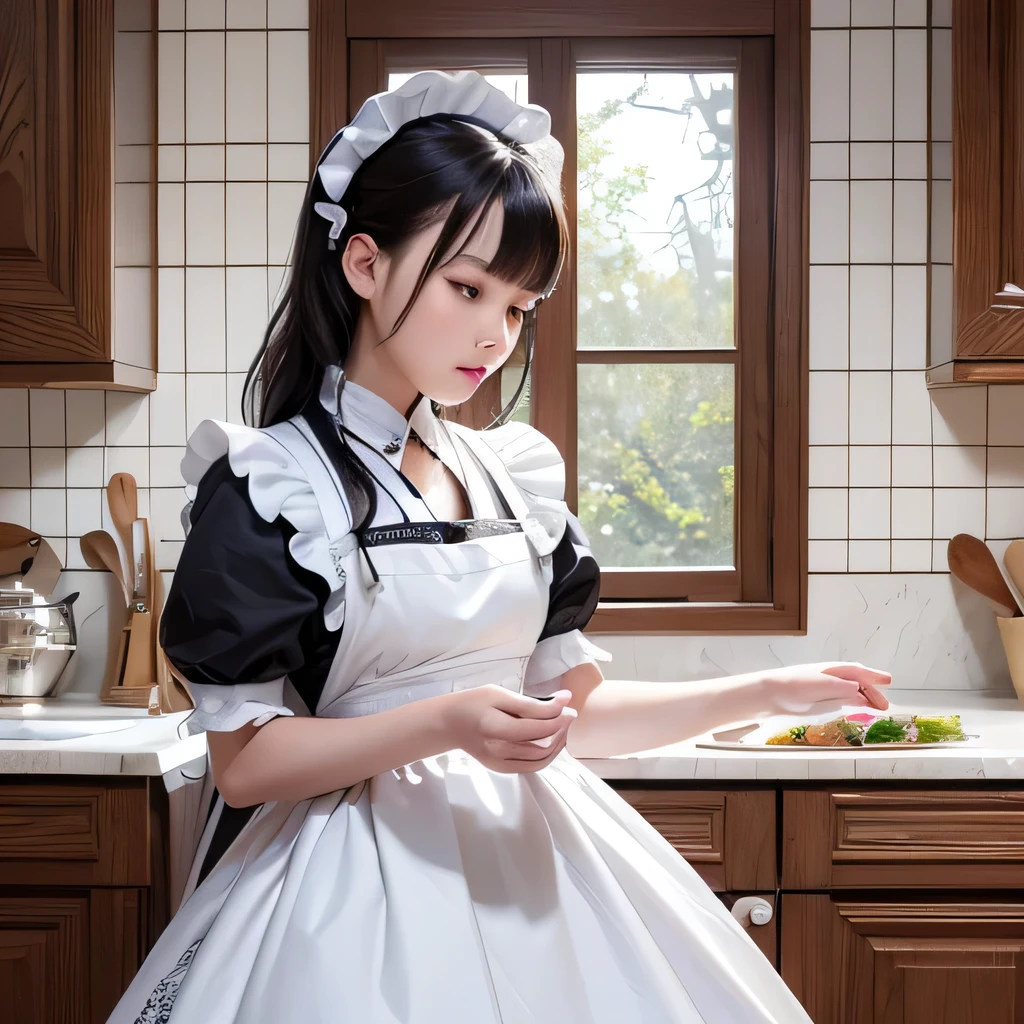 (hyperRealistic), (High resolution), (8k), (Very detailed), (Beautiful attention to detail), (Highest quality), (Very detailed), (masterpiece), (wallpaper), (Detailed face), alone, (Dynamic pose), 1 person, White wavy hair in the kitchen, Korean, Maid Girl, Black and white maid outfit, Realistic,whole body, Long legs, Turned back