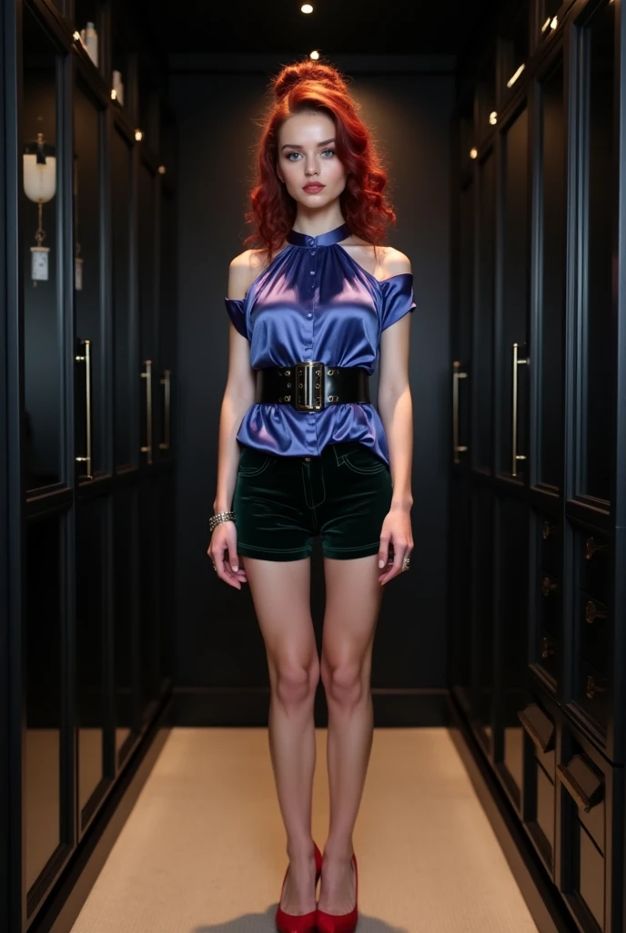 Full-length body shot of a short 24-year-old woman with blood-red layered medium-length curly hair in a pony tail, very pale skin, and blue eyes. She is wearing a blue-purple silk short sleeve halter top that is full-length and untucked, with a thick black belt cinched around her waist over the shirt. She also wears black velvet shorts with a green sheen and red wedge sandals. She is standing in a chic, large black walk-in closet with cinematic lighting.