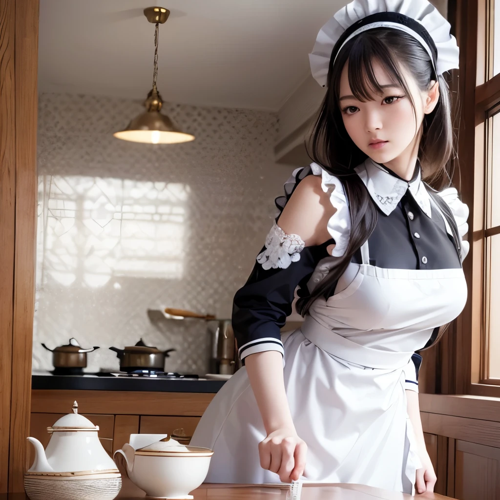 (hyperRealistic), (High resolution), (8k), (Very detailed), (Beautiful attention to detail), (Highest quality), (Very detailed), (masterpiece), (wallpaper), (Detailed face), alone, (Dynamic pose), 1 person, White wavy hair in the kitchen, Korean, Maid Girl, Black and white maid outfit, Realistic,whole body, Long legs, Turned back