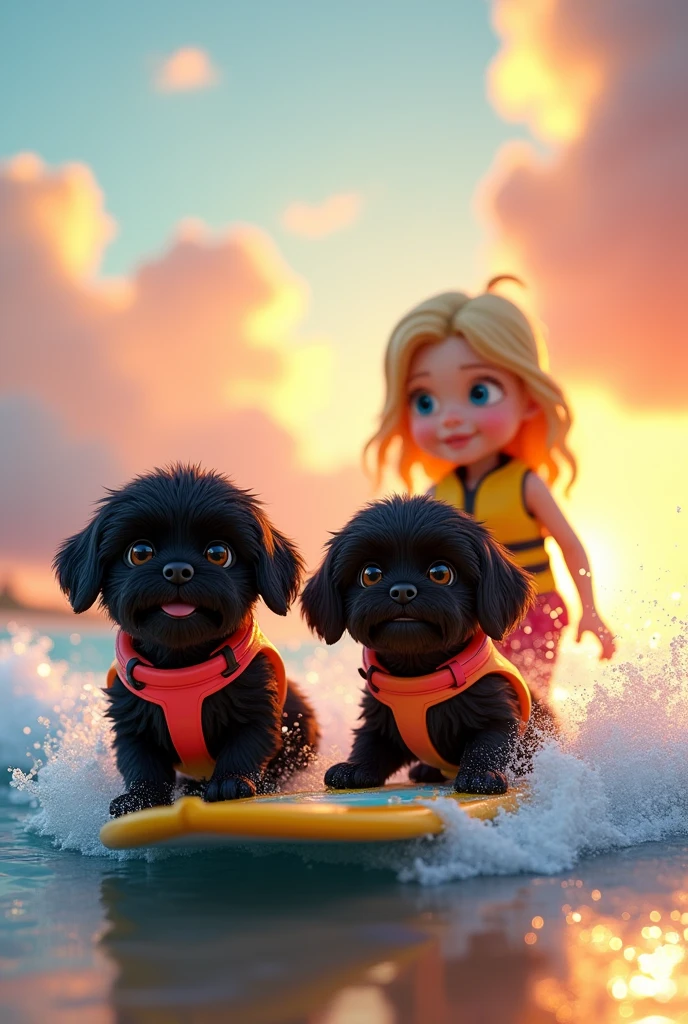 cute adorable 2 black shih tzu puppies, surfing, cute blonde girl, extremely detailed, big blue eyes, wearing colorful collar and life jackets surfing, 3D Pixar style, at beach, colorful sand, sunrise in background, photorealistic, (best quality,8k,highres,masterpiece:1.2),ultra-detailed,(realistic:1.37),HDR,vivid colors,studio lighting