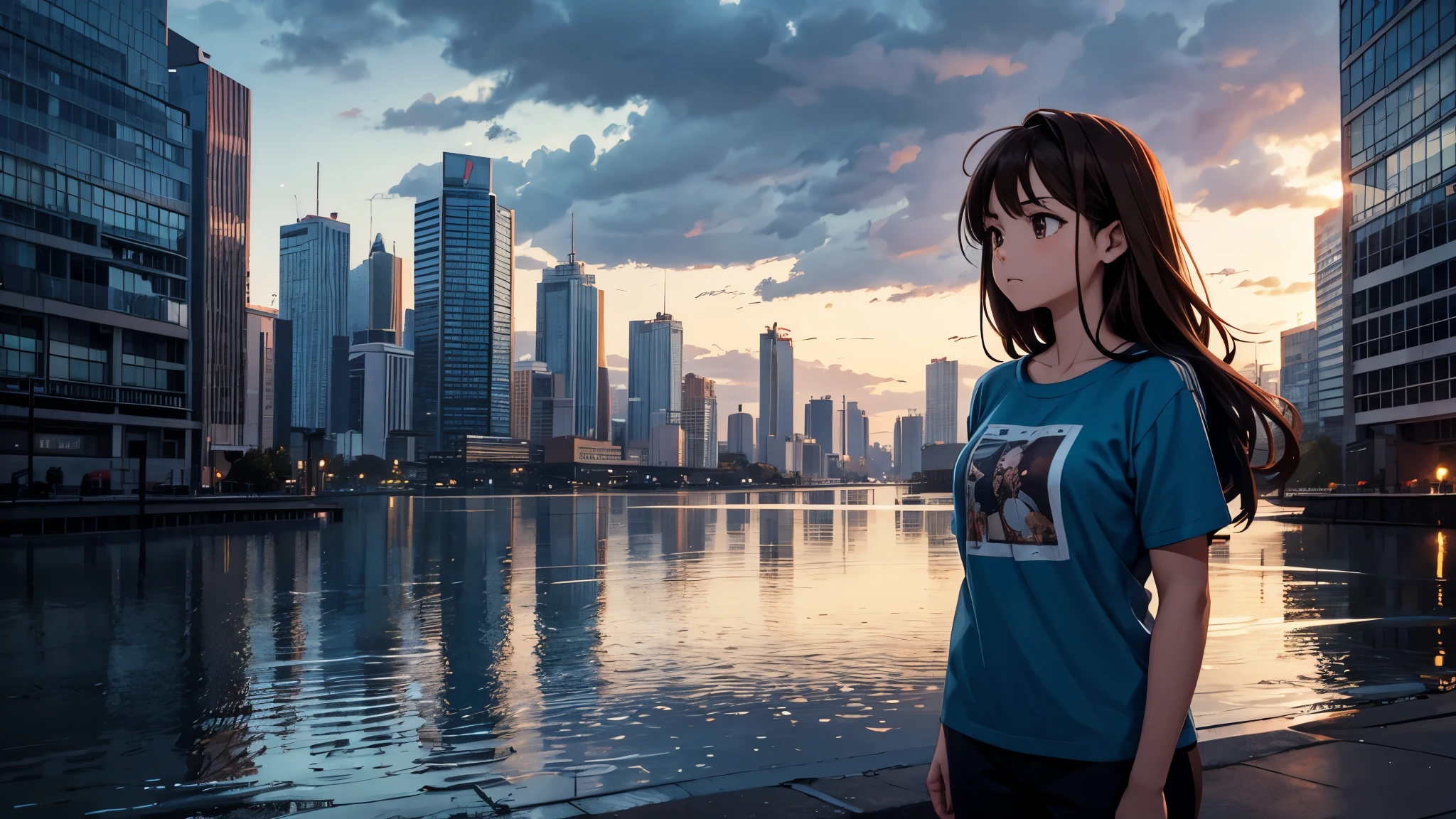 Create an anime-style image of a girl with medium-length, wavy brown hair, standing at the edge of a lake in a large city filled with tall buildings. The scene is set on a cloudy, rainy day, with the girl gazing out at the horizon with a lost, melancholic expression. She is dressed in knit ants and a blue t-shirt. The color palette should reflect the gloomy, rainy atmosphere, with muted tones that enhance the feeling of sadness in the scene.