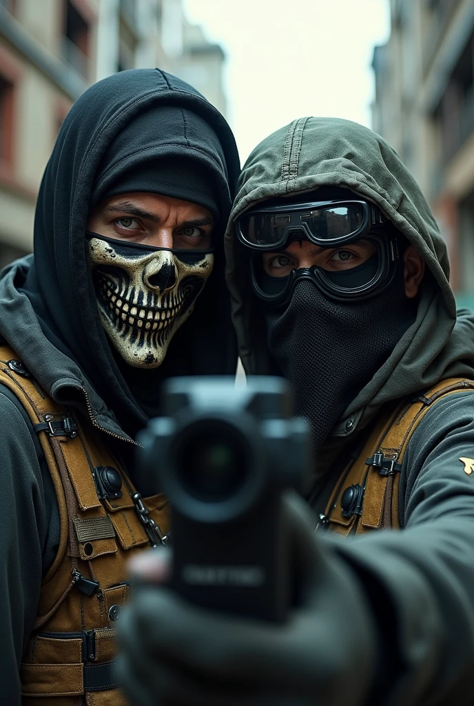A skin wearing a skull mask and a bandana over their eyes in Warzone taking a selfie with a man wearing a non-futuristic night vision mask.