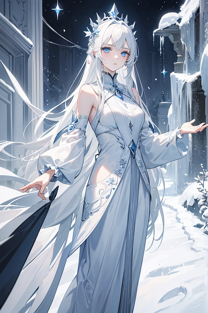 masterpiece, Very detailed, Extremely detailed, cold, Solitary, (1 Girl), (Pale skin), Ice blue eyes, Frosty white hair, Cool Chara, flat, Young woman, Lady Chara, Moderate , arrogant, confident, cold face, goddess, Cool girl, Sharp eyes, (Snow background), snowflake, (Frozen flowers:0.5), (Calm expression), (Sparkling ice crystals), (Modern casual clothing), (Women&#39;s Clothing), (Snow covered ground), (Cold Breath), (Smile:0.5)