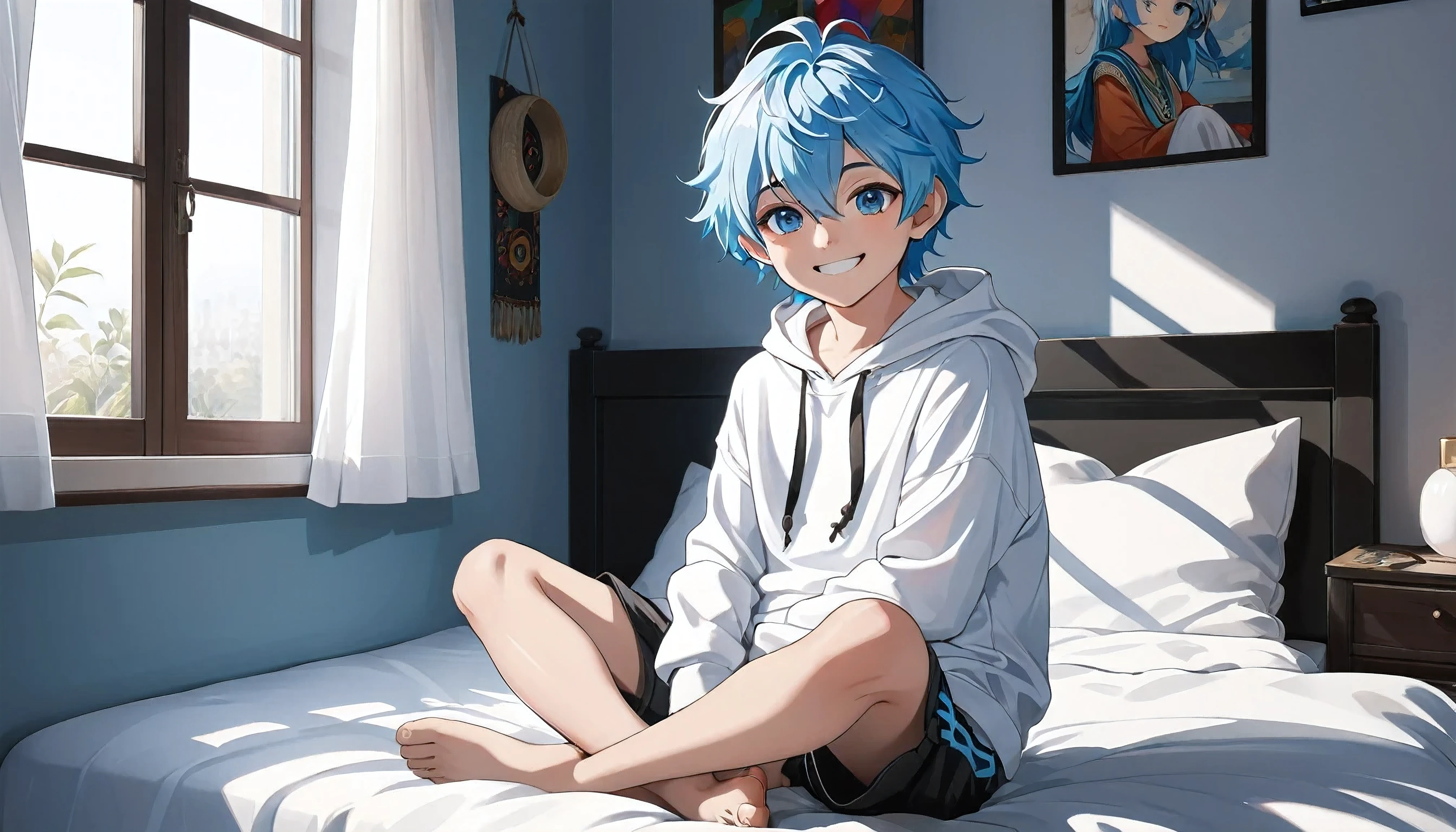 1 boy, (lettle boy), cute, light blue hair, blue hair, shiny eyes, smiling face, white colors hoodie, black colors cotton shorts, bedroom, sitting, on bed, indian style crossed ankles, full body shot, window, perfect light detailed face, detailed eyes, detailed hair, high quality, best quality, high resolution, masterpiece, 8k quality, from front, looking at viewer,