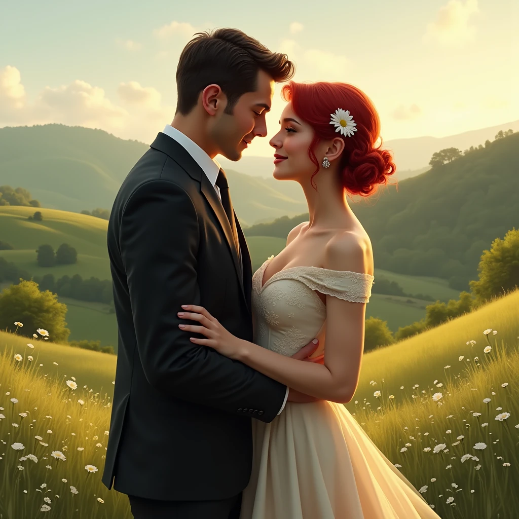 Countryside, lovers, a couple, a man in a suit, a woman with very short red hair, realistic, photo realistic, precise, masterpiece