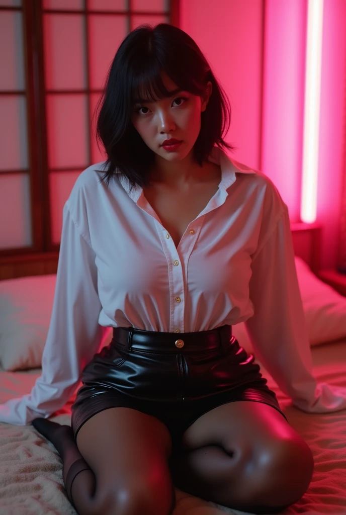 ((Japanese 90s sexy idol))　35 talents　((Plump, bright red lips with lipstick))　round face　Big Breasts　Plump　((Black short hair))　((Looking into the camera))　Sit with your legs apart　((White button-up shirt with black patent leather tight skirt and black stockings))　Sweaty skin　　(Sit on the futon with your legs spread open.)　look down　((A bedroom with shoji and tatami mats lit up in pink neon lights))　