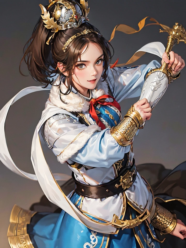 (no background:1.4), (cowboy shot), best quality, masterpiece, Solo, detailed beautiful girl, ancient Chinese armor, large breasts, (silver armor), (white cloth), short hair, brown hair, fascinator, helmet, smile, cheerful, holding sword, fur