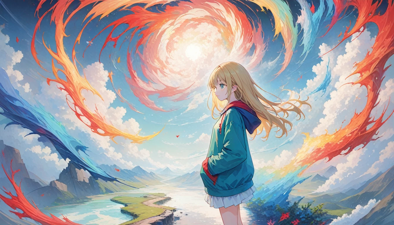 masterpiece, (beautiful and aesthetic:1.5), surrealism, highly detailed, anime, a side view painting of 1girl, wearing multicolored hoodie, blonde long hair, green eyes, red and dark blue color pallet, hard brush, gradient binary code effect, minimalist low poly collage illustration, paintings effect, heavy inking, featured on pixiv, saturated colors, hypercube, pixelsort, epic composition, epic proportion, dynamic lighting, HD