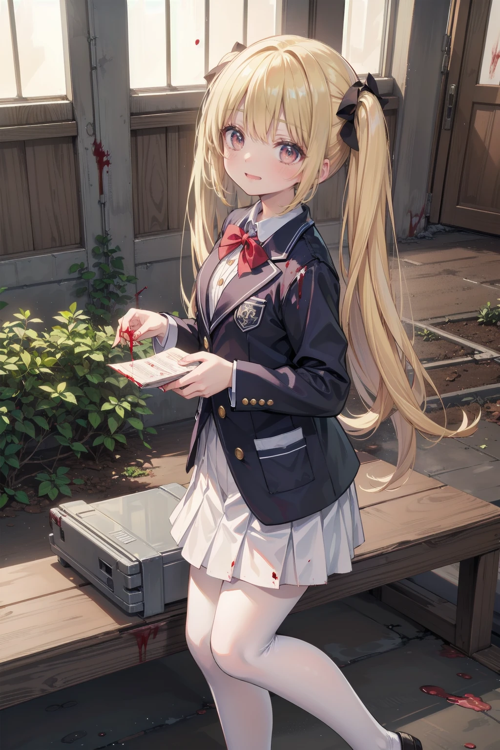 (Highest quality,4K,High resolution,masterpiece:1.2),Very detailed,Realistic:1.37,とてもbeautiful girl,Very cute blazer uniform,Wearing white stockings,Blonde,Blonde Hair,Long twin tails,Watching the audience,high school、Dilapidated school building、I&#39;m in the classroom、Inside a dilapidated classroom、Very dirty classroom、,Red color scheme,Ominous atmosphere,Eye-catching,Storytelling,anatomy,Anime Style,Concept Art,beautiful細部までこだわった顔と (((Red eyes ))),A terrifying ritual ,Satanic Ritual,Premature death,inappropriate behavior,クレイジーなsmile,Scythe Face,beautiful girl、Girl Monster, beautiful, Delicate facial features,  Sharp Fangs, Pale skin, Gloomy atmosphere, one person&#39;s, Please open your mouth wide, Open your mouth and baring your teeth,Sharp teeth like a beast, Wide lips, very wide mouth, Vermilion cheeks, ,(Blood splatter:1.2),Scary smile, smile,High School Design, Twisted smile、頭からのBleeding,、Blood splatter、,(Bleeding:1.2), ((流れるようなBlonde)), Female curves, Perfect hands, Perfect anime face, (A long-sleeved, very cute sailor uniform)), Are standing, ((邪悪なsmile)), ,(Blood splatter:1.4), Steam circulates, ,Anime school design, Twisted smile、Bloody、 A dilapidated high school、Abandoned house、,Absurd, High resolution、Spooky Girl、(クレイジーなsmile:1.8)、(Blood dripping from hands:1.3)、 anime-style characters as the main characters、Shocking pink lipstick
