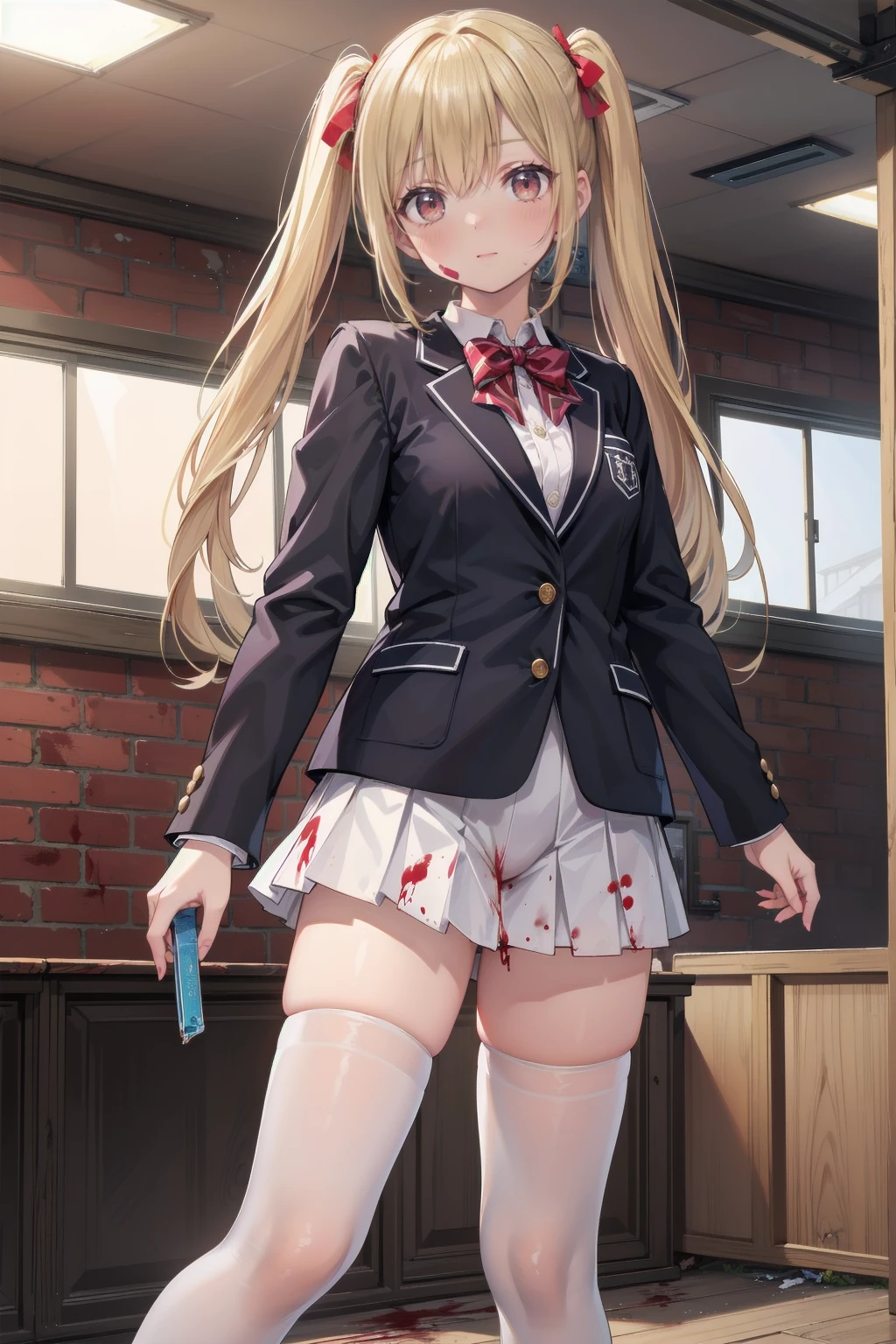 (Highest quality,4K,High resolution,masterpiece:1.2),Very detailed,Realistic:1.37,とてもbeautiful girl,Very cute blazer uniform,Wearing white stockings,Blonde,Blonde Hair,Long twin tails,Watching the audience,high school、Dilapidated school building、I&#39;m in the classroom、Inside a dilapidated classroom、Very dirty classroom、,Red color scheme,Ominous atmosphere,Eye-catching,Storytelling,anatomy,Anime Style,Concept Art,beautiful細部までこだわった顔と (((Red eyes ))),A terrifying ritual ,Satanic Ritual,Premature death,inappropriate behavior,クレイジーなsmile,Scythe Face,beautiful girl、Girl Monster, beautiful, Delicate facial features,  Sharp Fangs, Pale skin, Gloomy atmosphere, one person&#39;s, Please open your mouth wide, Open your mouth and baring your teeth,Sharp teeth like a beast, Wide lips, very wide mouth, Vermilion cheeks, ,(Blood splatter:1.2),Scary smile, smile,High School Design, Twisted smile、頭からのBleeding,、Blood splatter、,(Bleeding:1.2), ((流れるようなBlonde)), Female curves, Perfect hands, Perfect anime face, (A long-sleeved, very cute sailor uniform)), Are standing, ((邪悪なsmile)), ,(Blood splatter:1.4), Steam circulates, ,Anime school design, Twisted smile、Bloody、 A dilapidated high school、Abandoned house、,Absurd, High resolution、Spooky Girl、(クレイジーなsmile:1.8)、(Blood dripping from hands:1.3)、 anime-style characters as the main characters、Shocking pink lipstick
