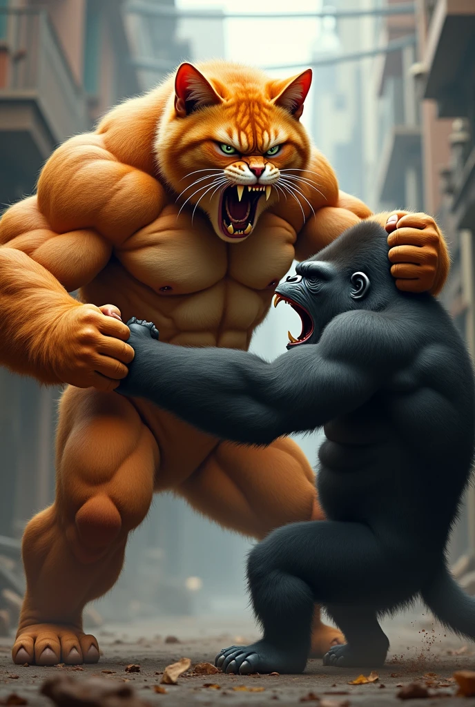 In an action-packed scene, the orange muscular bodybuilder daddy cat, furious and determined, catches up to the gorilla and the gorilla leying down and the muscular bodybuilder cat face daddy putting poot on her chest and shouting on her He confronts the gorilla with an angry expression, shouting as he delivers a powerful kick to the gorilla's face. The fight is intense, with both figures showing their strength.