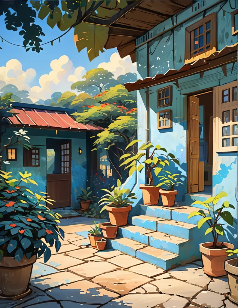 wide view, ghibli art scene, indian hut, cracked walls, blue faded paint, stairs, banyan tree outside, blue pinkish sky, evening time, earthy tones, clothes hanging on wire, windy, plant pots outside, old broken small gate, mud verandah, shed, cozy atmosphere, micro landscape, intrinsic details, masterpiece