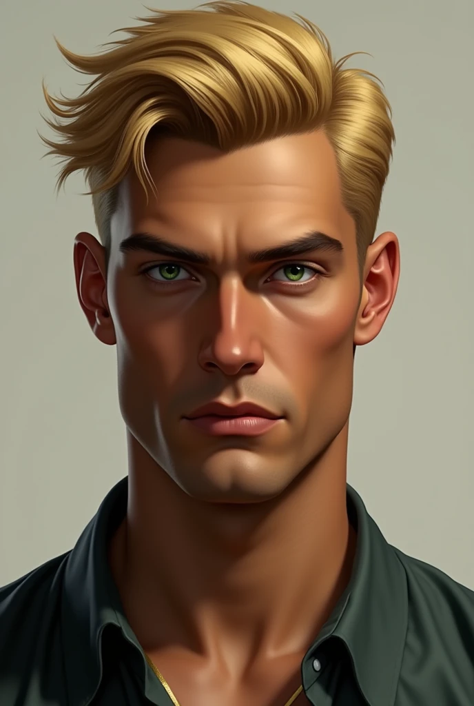 Create a person with green eyes,brown skin and blonde hair (Male gender)and square head 