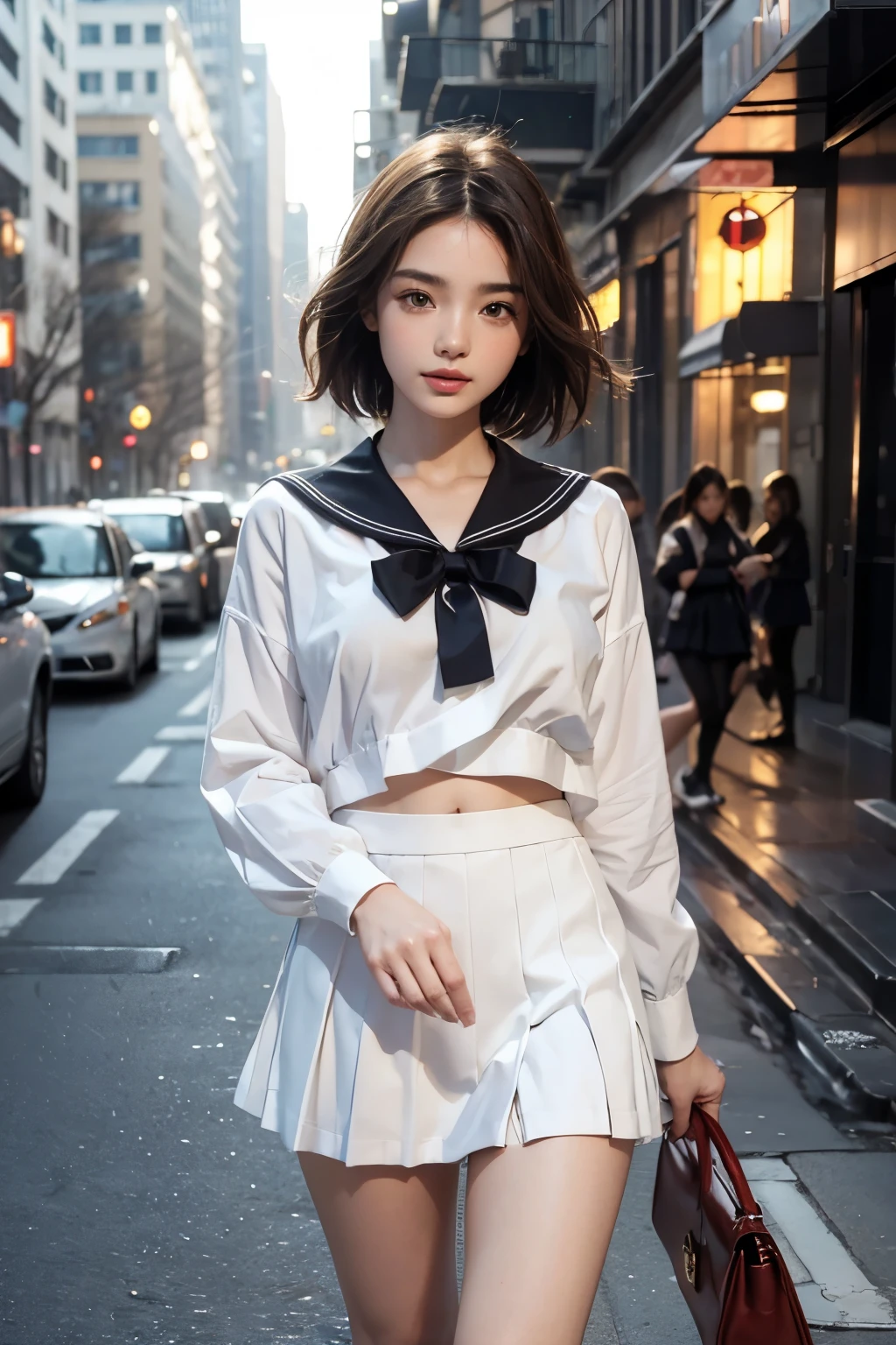 Ultra-high resolution,(reality: 1.4),Highest quality, masterpiece, Attention to detail, 16K quality, 1 beautiful girl,super beautiful face,Baby Face,Cute Face,Highly detailed face,Detailed hands,Beautiful skin,Rui々Fresh skin,Professional Lighting,short hair, brown beautiful eyes,((Sailor suit)),Red bow tie,(Ultra mini skirt),Are standing,A gust of wind flipped my skirt up and I had to hold it down with my hands,(((Showing panties))),((White panties)),Beautiful breasts,Walking in the city,Blur the background