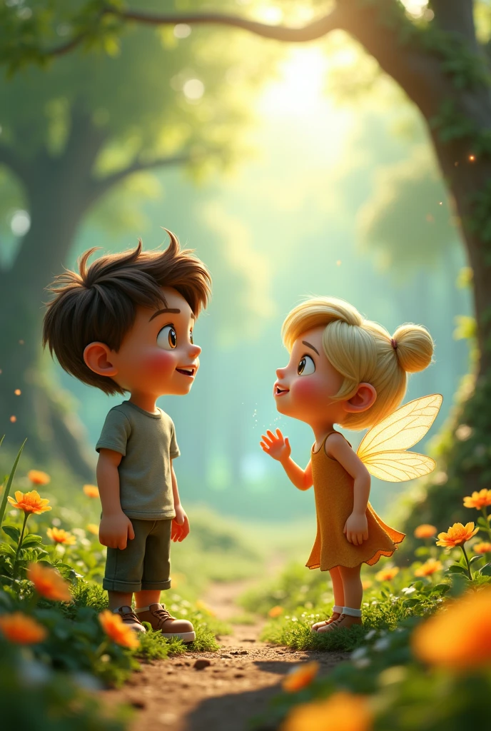 A 3d animated boy around  talking with fairy 