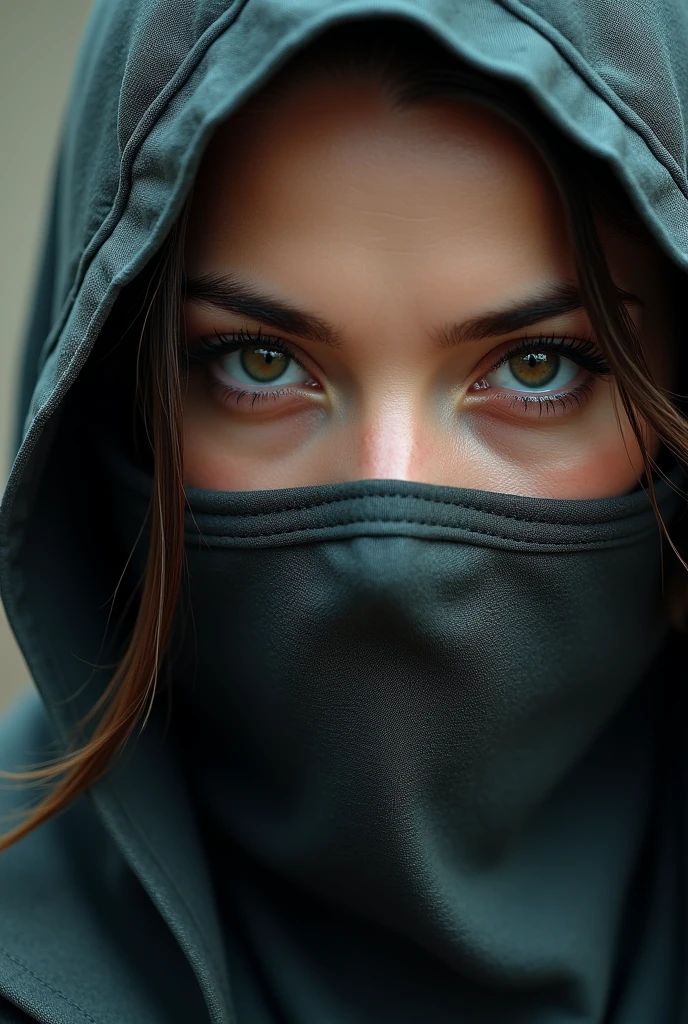 A warrior girl wearing a face mask , her eyes beautiful and mysterious , her face attractive , realistic , close up portrait 