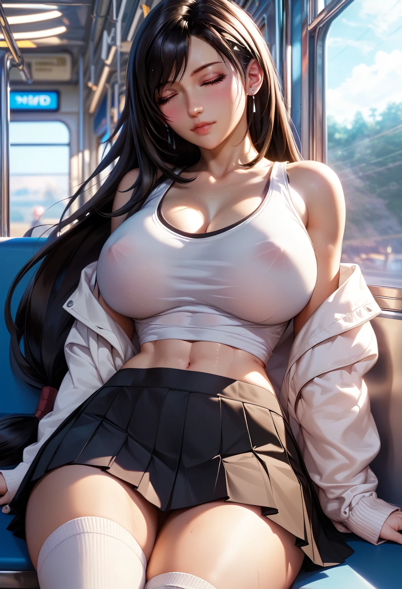 perfection、(sauce_game、Tifa Lockhart, Black Hair、Long Hair、Big Breasts, Large Breasts)、The background is a night view、Close eyes、Professional illustrations、Cinematic lighting、Light and shadow。Detailed face、Detailed eyes。Extremely detailed depiction、(Grey jacket、White cropped tank top、Pleated skirt、Thigh-high socks)、sexy、nsfw、Cowboy Shot、Best Angle、(on the train、Sleeping in a train seat。Eyes closed)、Sweating profusely