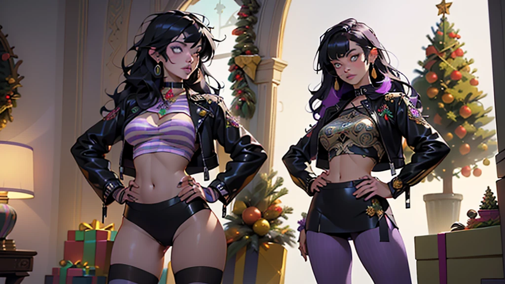 goth girl,1girl,((extremely cute and beautiful black haired anime goth girl)),((())),(large breasts:1.2),((((black wavy hair:1.35,absurdly long unkempt hair,messy hair,colored inner hair,ear breathing)))),((heterochromia:1.5, (purple_eye and red_eye))),intricate eyes,beautiful detailed eyes,symmetrical eyes,Big eyes:1.5,((fat)),(((lustrous skin:1.5,bright skin: 1.5,skin tanned,shiny skin,very shiny skin,shiny body,plastic glitter skin,exaggerated shiny skin,illuminated skin))),(spider lower abdomen,narrow waist,wide hip,athletic body,inflated legs,thick thighs,detailed body,(detailed face)),
cute,slutty,seductive,erotic,(nsfw),
zettai ryouiki,revealing clothing,show skin,((printed T-shirt:1.3,bang spikes choker),(navel))),((black leather crop jacket:1.3)),(((micro skirt:1.5,(Extra-short leather skirt),black thong,Very tight thong outline a full shape)))),((purple striped tights:1.5)),(((Black Lips,Goth Accessories))),(((intricate outfit,intricate clothes,embroidered outfit,ornate outfit,embroidered clothes,ornate clothes))),
(dynamic pose:1.0),embarrassed,(centered,scale to fit dimensions,Rule of thirds),
inside,indoor,((cozy gothic room)),scenery:1.25,((intricate scenery)),((winter decorations)),(Christmas tree:1.5),
(Glossy winter ornaments),highres,sharp focus,(ultra detailed,extremely detailed),(photorealistic artwork:1.37),(extremely detailed CG unity 8k wallpaper),(((vibrant colors,vibrant theme))),(intricate),(masterpiece),(best quality),