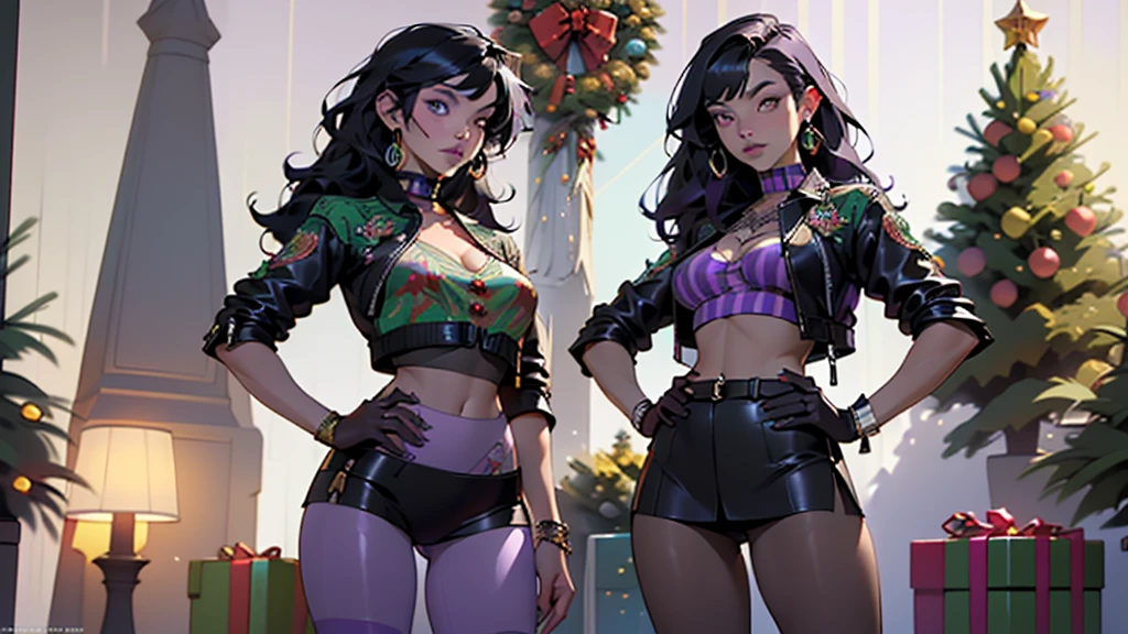 goth girl,1girl,((extremely cute and beautiful black haired anime goth girl)),((())),(large breasts:1.2),((((black wavy hair:1.35,absurdly long unkempt hair,messy hair,colored inner hair,ear breathing)))),((heterochromia:1.5, (purple_eye and red_eye))),intricate eyes,beautiful detailed eyes,symmetrical eyes,Big eyes:1.5,((fat)),(((lustrous skin:1.5,bright skin: 1.5,skin tanned,shiny skin,very shiny skin,shiny body,plastic glitter skin,exaggerated shiny skin,illuminated skin))),(spider lower abdomen,narrow waist,wide hip,athletic body,inflated legs,thick thighs,detailed body,(detailed face)),

cute,slutty,seductive,erotic,(nsfw),

zettai ryouiki,revealing clothing,show skin,((printed T-shirt:1.3,bang spikes choker),(navel))),((black leather crop jacket:1.3)),(((micro skirt:1.5,(Extra-short leather skirt),black thong,Very tight thong outline a full shape)))),((purple striped tights:1.5)),(((Black Lips,Goth Accessories))),(((intricate outfit,intricate clothes,embroidered outfit,ornate outfit,embroidered clothes,ornate clothes))),

(dynamic pose:1.0),embarrassed,(centered,scale to fit dimensions,Rule of thirds),

inside,indoor,((cozy gothic room)),scenery:1.25,((intricate scenery)),((winter decorations)),(Christmas tree:1.5),

(Glossy winter ornaments),highres,sharp focus,(ultra detailed,extremely detailed),(photorealistic artwork:1.37),(extremely detailed CG unity 8k wallpaper),(((vibrant colors,vibrant theme))),(intricate),(masterpiece),(best quality),
