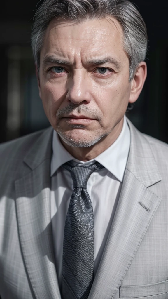 Here is the updated description:

"Create the image of a man approximately 55 years old, with short gray hair and a serious expression. He is dressed like an investigative reporter, Wearing a dark suit, a white dress shirt and a subtle tie while looking directly at the camera with a focused and determined expression, and facing the camera!