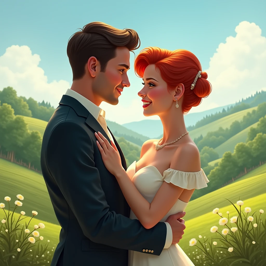 Countryside, lovers, a couple, a man in a suit, a woman with very short red hair, realistic, photo realistic, precise, masterpiece