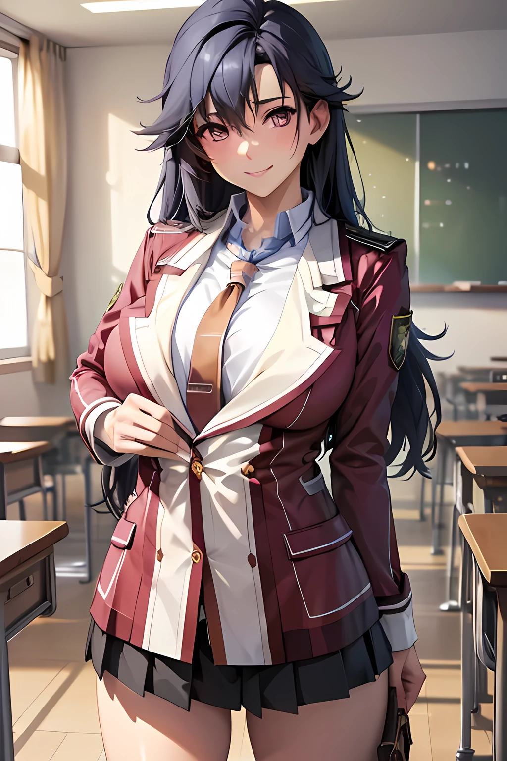 masterpiece, mischievous smile, light blush, looking at viewer, huge breasts, sexy pose, female rean schwarzer, long hair, school uniform, necktie, black skirt, nipples, detailed white classroom in the background