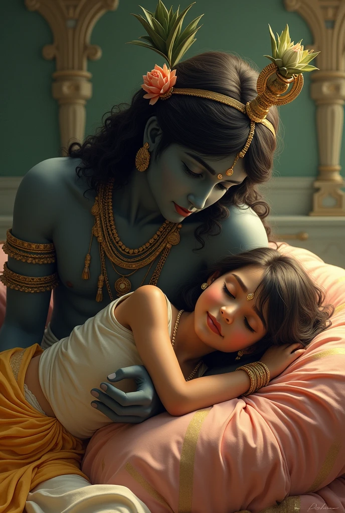 A 18 years old girl sleeping on bed by placing her head on krishna's lap