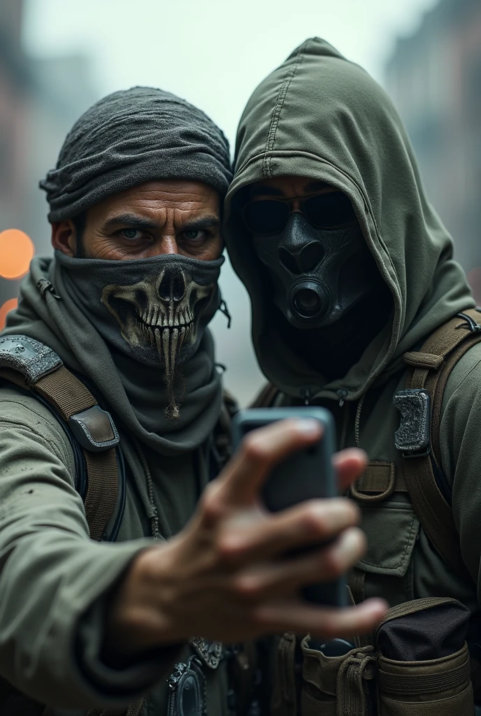 A skin with a skull mask and a bandana over its eyes in Warzone taking a selfie with a man wearing a non-futuristic night vision mask with masks covering their entire faces.