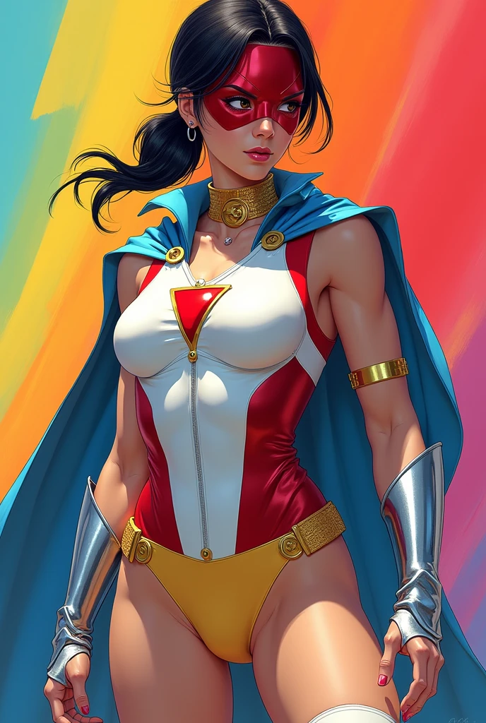 Ultra high quality, female, age 30-40, japanese, dark hair, low ponytail, muscular, full body, costume: red metallic domino mask, gold choker, blue cape, spandex, one-piece, sleeveless white suit with red sides, up side down red triangle symbol, cutout belly, yellow undies, thighs out, white thigh-high socks, yellow boots, yellow fingerless gloves, white shooter sleeves, metal accents, rainbow background