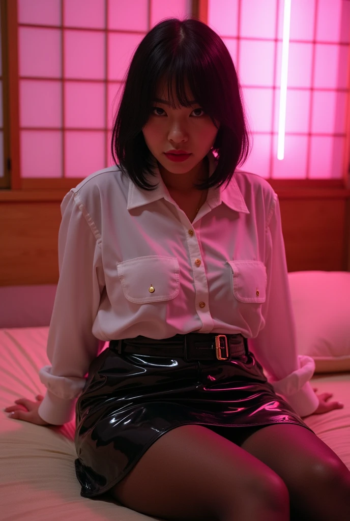 ((Japanese 90s sexy idol)) 35 talents ((Plump, bright red lips with lipstick)) round face Big Breasts Plump ((Black short hair)) ((Looking into the camera)) Sit with your legs apart ((White button-up shirt with black patent leather tight skirt and black stockings)) Sweaty skin (Sit on the futon with your legs spread open.) look down ((A bedroom with shoji and tatami mats lit up in pink neon lights))