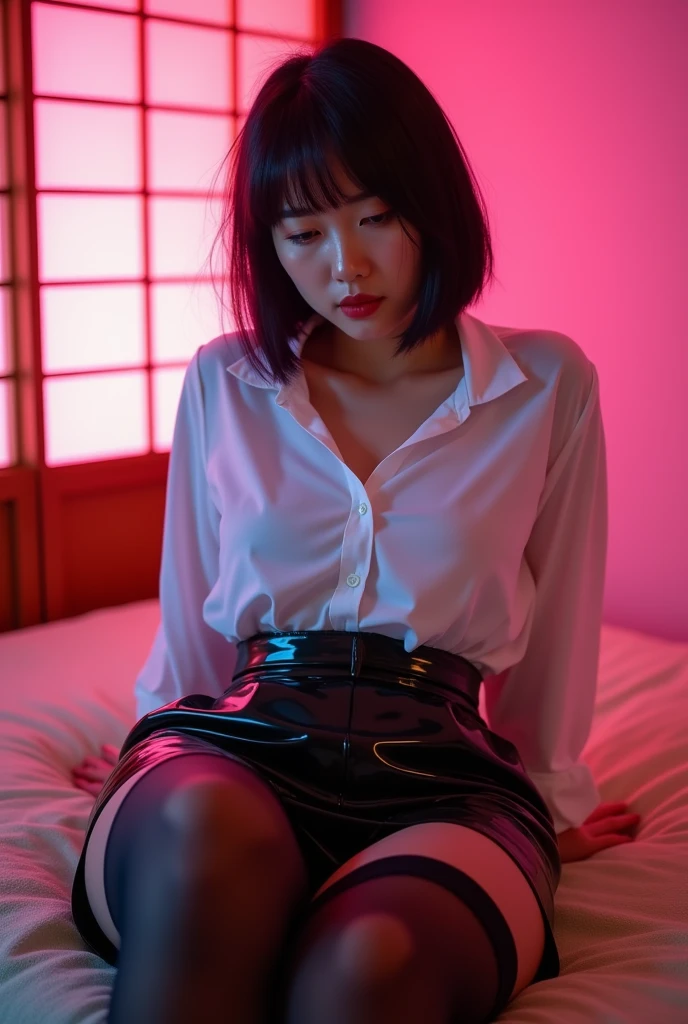 ((Japanese 90s sexy idol))　35 talents　((Plump, bright red lips with lipstick))　round face　Big Breasts　Plump　((Black short hair))　((Looking into the camera))　Sit with your legs apart　((White button-up shirt with black patent leather tight skirt and black stockings))　Sweaty skin　　(Sit on the futon with your legs spread open.)　look down　((A bedroom with shoji and tatami mats lit up in pink neon lights))　