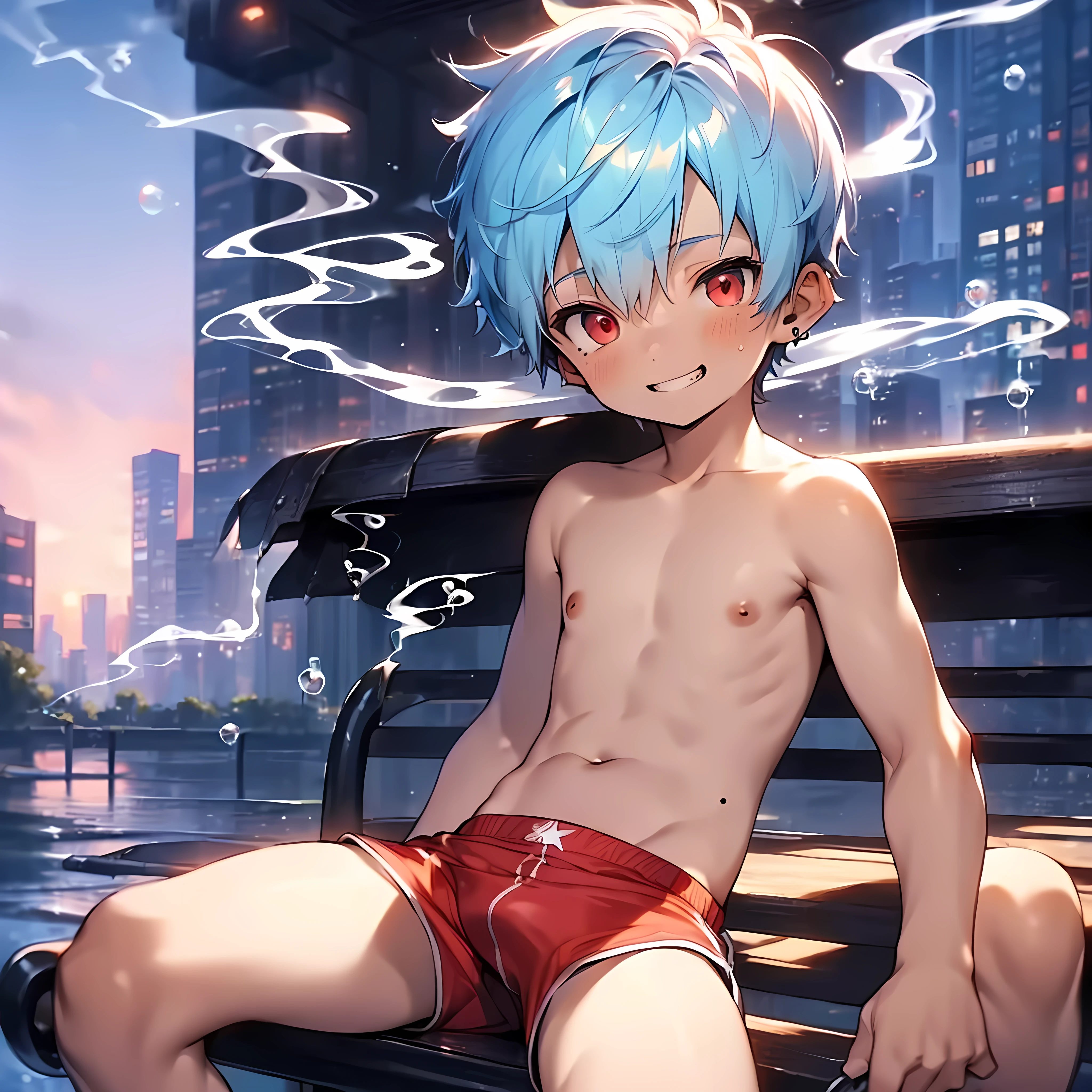 (solo:2), (boldline:-1.8), (smoking:1.6), (((bubble))), (finger around mouth:1.3), (sitting on bench:1.5), (spread legs:1.5), (((fang))), (((best finger))), (((best hands))), (((best arms))), (((best legs))), BREAK (best quality:1.5), (absolutely resolution:1.5), (ultra detailed:1.5), (masterpiece:1.5), (perfect face), (detailed face), (detailed eyes), (best eyes), (cute face), (shota:2), BREAK (topless:1.5), BREAK (red short pants:1.5), (bulge:1.6), (skinny:1.3), (spiked hair), BREAK (light blue hair:1.5), (wine red eyes:1.4), (eyes with highlight:1.6), ((mole under eye)), (sweaty skin), (light skin), (grin:1.5), ((earrings)), (shiny skin:1.3), BREAK (garden), (building:1.5), (at twilight:1.5), ((wind blowing)), ((nipple)), (abs), (groin),