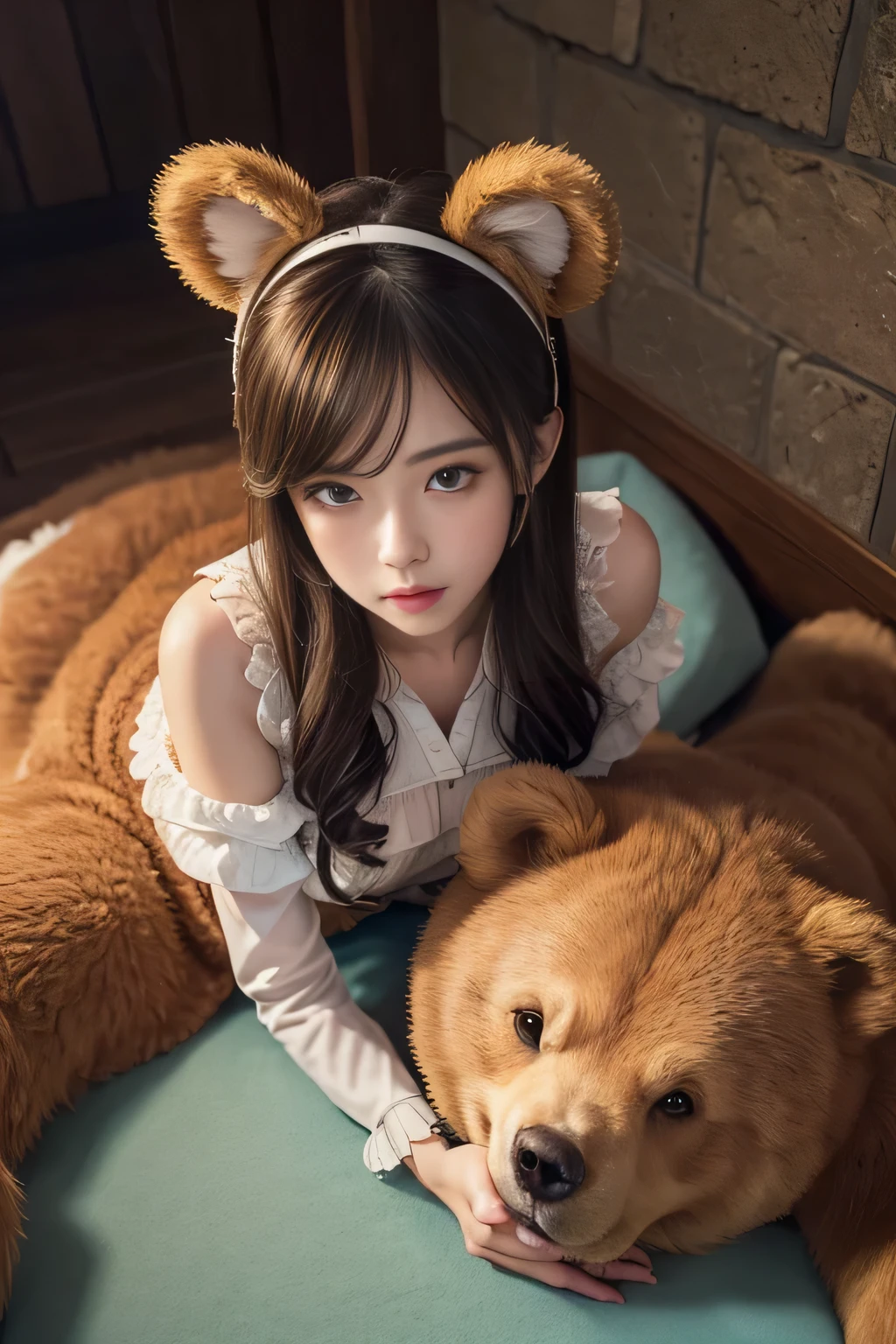 (masterpiece:1.4), (best quality:1.4), extremely detailed, intricate, hyper detailed, (PERFECT FACE), illustration,soft lighting, full_body, 1girl, lonely,  Ao hair, colorful, colorized, from_above ,bear_costume , prison 