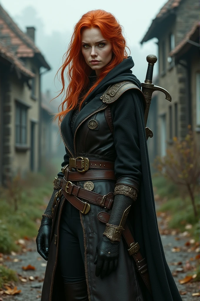 a one woman, 30years, redheadwear, yellow eyes, arched eyebrow, he would be, witch, detailed leather clothing, sword in the back, abandoned village background.