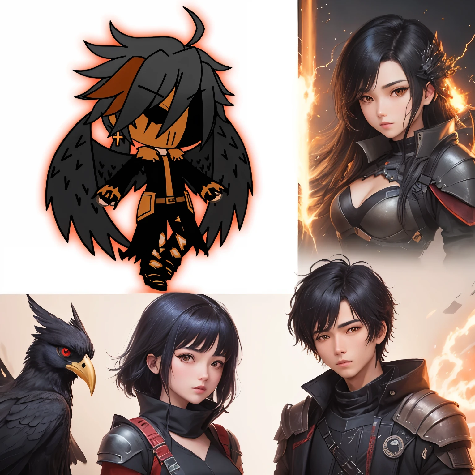 4k image of a black haired boy and black suit, mask, The Knight of Anthropology, chibi, electricity!! full body, inka Harpie girl, The crow in cyber armor, Black hole, From Arknights, full body adoptable, Black Eagle General Arakocra, Raven Attano, Dark Angel, Harpie, Full card design, Acceptable Characters