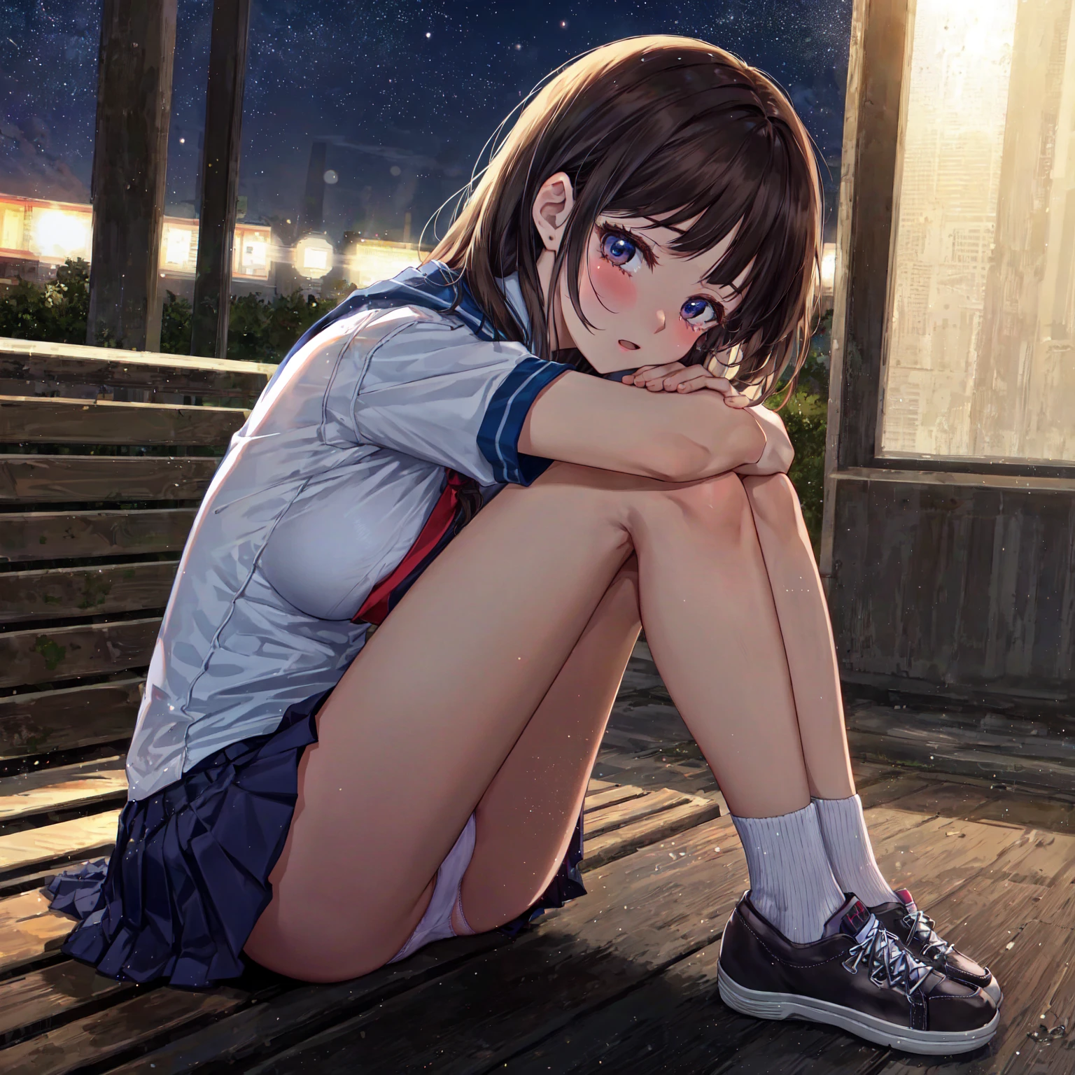 Very detailed, closed mouth,CG, 8k wallpaper, wonderful, (masterpiece:1.5, Highest quality), ( Depth of written boundary), Dynamic posture,narrow angle,night,Sailor suit,crying,,High quality white panties,Lean back,I'm on my knees,Sit on a park bench at night,fat,Sigh,Dark House,Sneakers and loose shirt, {{beautiful middle size breasts 1:4}},Pleated skirt,Photoreal 1;4,brown hair,full body ,portrait1;4, high quality panties,{{schoolgirl}},top quality,cute girl,high quality background, slanted eyes, detailed shirt chest wrinkles,BREAK, {{beautiful blue eye1:4}}, Accurate 5 fingers