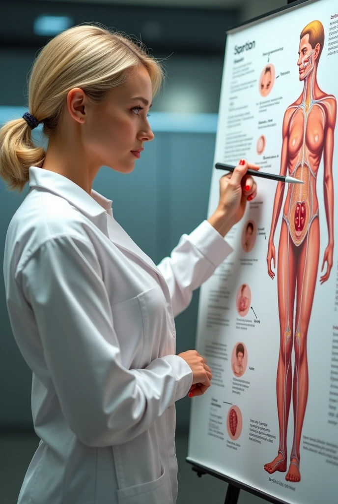 40yo,Realistic style and real body builder women, she is Blonde with short hair, she has an hourglass figure, she has a surreal, hentai-like physique, with exaggerated curves that showcase large buttocks and voluminous breasts and she is very slim photorealiste,
On the poster, she appears in a scientist's outfit, wearing a crisp white blouse that symbolizes professionalism and rigor. Her hair is pulled back in a neat ponytail, giving her a serious yet approachable air.
She stands next to a large informative poster, featuring detailed Male genitalia and the mechanism of male genital erection and its production. Colorful graphics and clear diagrams show the different stages of spermatogenesis, making the subject understandable to all.
Her expression is engaging, and she points with a pen or laser pointer to key elements of the poster, while explaining the processes in a concise and educational way. The text is written in simple language, designed to inform and capture the audience's attention.
The poster's background is bright and attractive, with eye-catching graphic elements that underline the importance of the theme. The overall composition conveys an image that is both instructive and captivating, while at the same time emphasizing its expertise as a scientist.