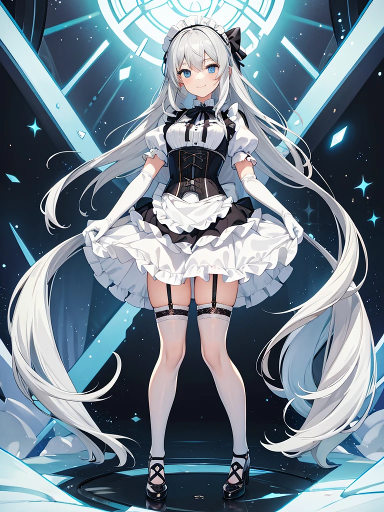jfrsd, twintails, sidelocks, star hair ornament, twintails, sidelocks, star hair ornament, ring hair ornament, fake horns, choker, frills, white dress, black panties, fingerless black gloves, white thighhighs, silver hair, full body shot, stockings, smug, red eyes, outdoors, standing on the ground, legs visible, high heels,