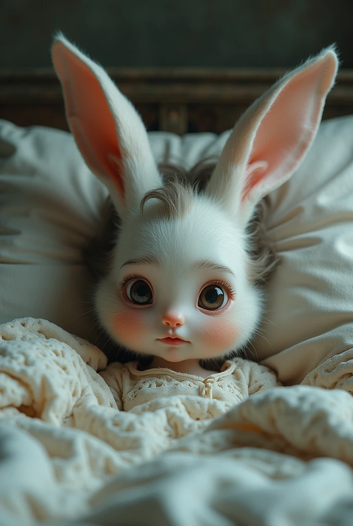 Draw a girl who is half rabbit in bed
With a face that looks a little apprehensive