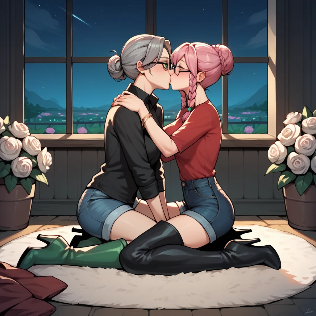 score_9, score_8_up, score_7_up, score_6_up, score_5_up, score_4_up, source_anime, 2girl, kissing, worth, pink hair, hair bun, black eyes, clean hair, red shirt, shorts, green boots, thigh boots, night, windows, carpet, flowers, dungeon, best quality, best res, 4K UHD,

1girl, gray hair, braids, green eyes, bracelet, undershirt, jacket, jeans, black stockings, high heels, kiss girl, hugging her, worth, full body, slim girl, glasses, 
 