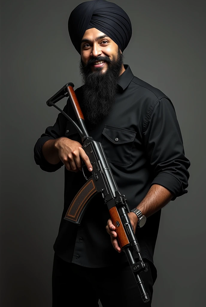 Sidhu Moose wala he wear black and black pant and black shirt and he take AK-47 in his hand Sidhu Moose wala smiling