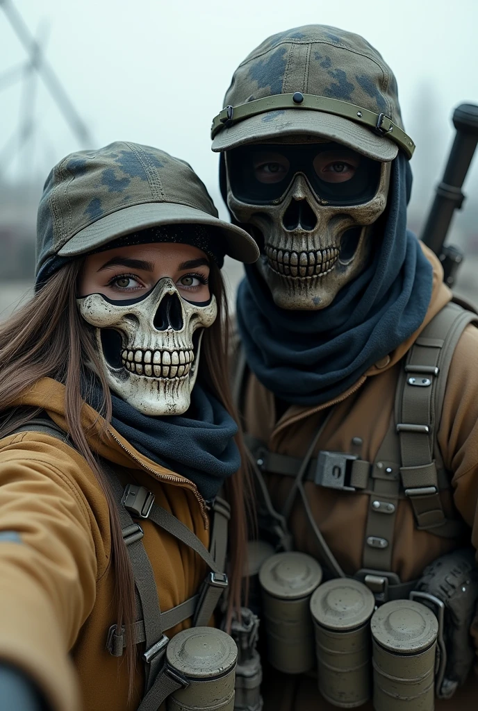 Two figures, one with a skull mask and a bandana covering their eyes, the other with a non-futuristic night vision mask covering their entire face, stand together in a 'Warzone' setting. The figure with the skull mask is taking a selfie with the other figure. Both individuals are wearing masks and appear to be a woman and a man.