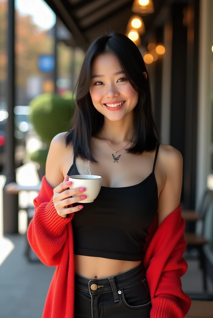 A highly realistic and detailed image of a young Chinese woman, around 23 years old, with big breasts, white skin. She has straight, shoulder-length black hair and stands confidently in front of a modern coffee shop on a sunny day. She is 160 cm tall with a well-toned and curvy figure, dressed in black high heels, a fitted black puch bra that reveals her navel and subtle cleavage, and a vibrant red cardigan draped over her shoulders. A delicate butterfly tattoo is visible on her upper chest. She smiles warmly while holding a steaming cup of coffee, with her pink-painted nails visible on both hands and feet. The scene captures the welcoming atmosphere of the coffee shop's outdoor patio, with natural light highlighting her features and the details of her outfit.