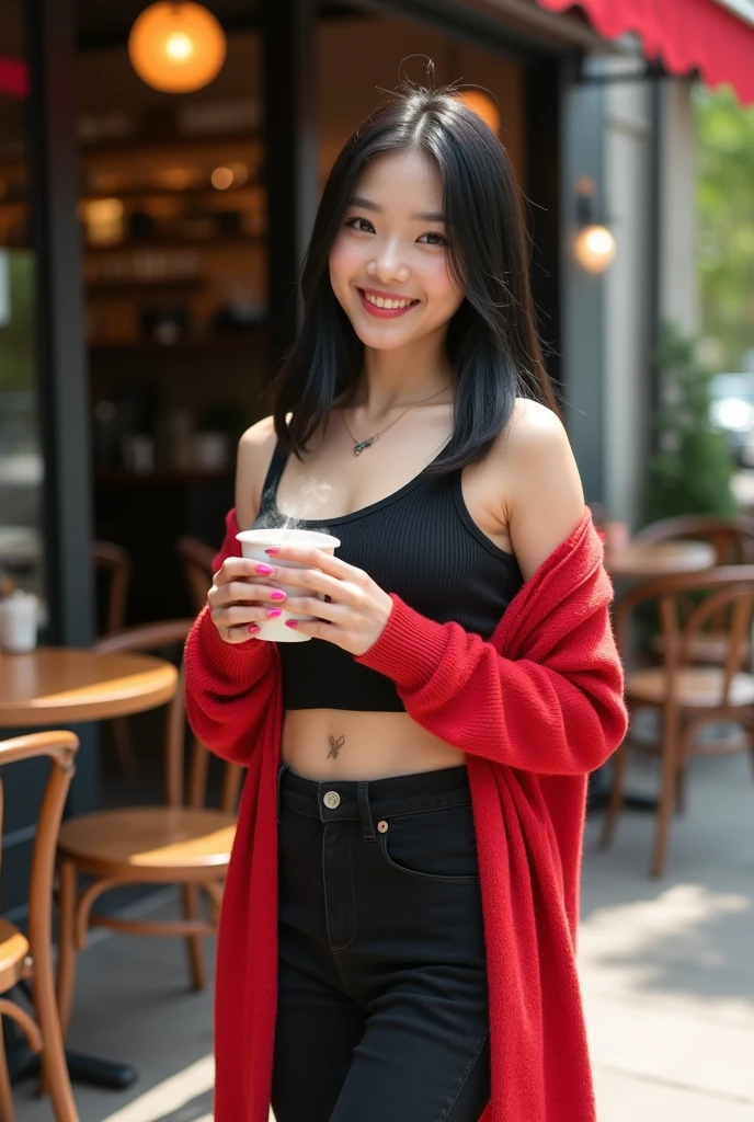 A highly realistic and detailed image of a young Chinese woman, around 23 years old, with big breasts, white skin. She has straight, shoulder-length black hair and stands confidently in front of a modern coffee shop on a sunny day. She is 160 cm tall with a well-toned and curvy figure, dressed in black high heels, a fitted black puch bra that reveals her navel and subtle cleavage, and a vibrant red cardigan draped over her shoulders. A delicate butterfly tattoo is visible on her upper chest. She smiles warmly while holding a steaming cup of coffee, with her pink-painted nails visible on both hands and feet. The scene captures the welcoming atmosphere of the coffee shop's outdoor patio, with natural light highlighting her features and the details of her outfit.
