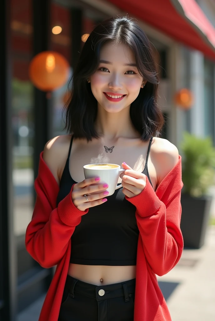 A highly realistic and detailed image of a young Chinese woman, around 23 years old, with smooth, fair skin. She has straight, shoulder-length black hair and stands confidently in front of a modern coffee shop on a sunny day. She is 160 cm tall with a well-toned and curvy figure, dressed in black high heels, a fitted black tank top that reveals her navel and subtle cleavage, and a vibrant red cardigan draped over her shoulders. A delicate butterfly tattoo is visible on her upper chest. She smiles warmly while holding a steaming cup of coffee, with her pink-painted nails visible on both hands and feet. The scene captures the welcoming atmosphere of the coffee shop's outdoor patio, with natural light highlighting her features and the details of her outfit.
