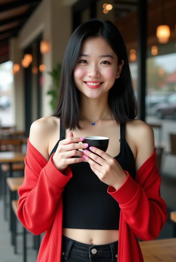 A highly realistic and detailed image of a young Chinese woman, around 23 years old, with smooth, fair skin. She has straight, shoulder-length black hair and stands confidently in front of a modern coffee shop on a sunny day. She is 160 cm tall with a well-toned and curvy figure, dressed in black high heels, a fitted black tank top that reveals her navel and subtle cleavage, and a vibrant red cardigan draped over her shoulders. A delicate butterfly tattoo is visible on her upper chest. She smiles warmly while holding a steaming cup of coffee, with her pink-painted nails visible on both hands and feet. The scene captures the welcoming atmosphere of the coffee shop's outdoor patio, with natural light highlighting her features and the details of her outfit.
