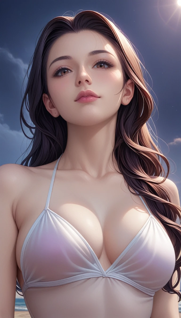 score_9, score_8_superior, score_7_superior, High-resolution CG illustration,A masterpiece in 32K resolution,Highest quality,it is really amazing,Very detailed,Ultra-high resolution,Ultra-realistic,Realistic,Increased depth of field,Cinematic lighting,
Sexy mature Japan woman,
Straight long hair with black hair,Ultra-detailed and beautiful face,Calm and gentle look,Beautiful brown eyes,Translucent white skin,Realistic skin texture,Great proportions,
Elegant swimwear,
Artistic design,Chic color scheme,Detailed fabric texture,
Dark overcast sky on a dull night,Dark clouds filling the sky,Thundercloud,Coastline at night,Stormy seas,delay々A desolate sandy beach that continues,
Cinematic,Low - Angle,