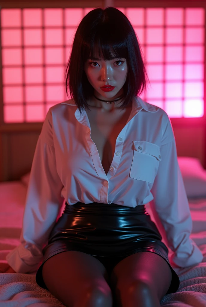 ((Japanese 90s sexy idol))　35 talents　((Plump, bright red lips with lipstick))　round face　Big Breasts　Plump　((Black Bob Hair))　((Looking into the camera))　Sit with your legs apart　((White button-up shirt with black patent leather tight skirt and black stockings))　Sweaty skin　　(Sit on the futon with your legs spread open.)　look down　((A bedroom with shoji and tatami mats lit up in pink neon lights))　